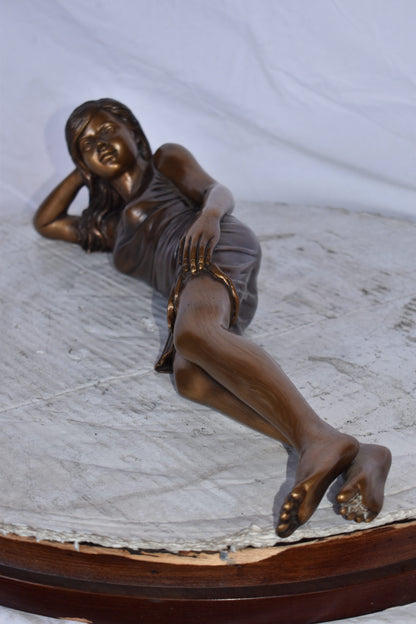 Gorgeous Young Lady Laying on The Ground Bronze Statue - Size: 5"L x 21"W x 5"H.