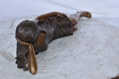 Gorgeous Young Lady Laying on The Ground Bronze Statue - Size: 5"L x 21"W x 5"H.