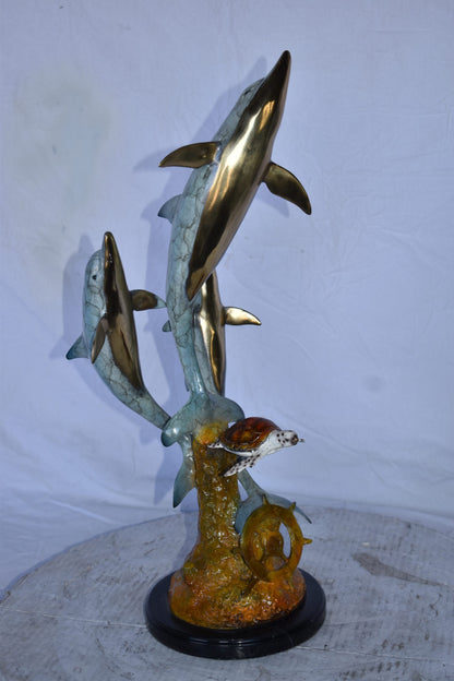 Three Dolphins Jumping Next to A Sea Turtle Bronze Statue  10"x 11" x 24"H.