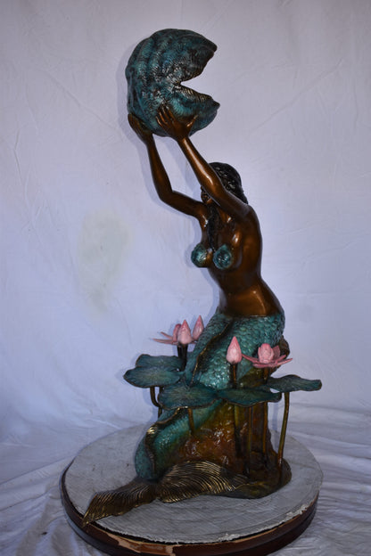 Mermaid Holding A Shell Upright Water Bronze Fountain Art Nude 19"x 26" x 40"H