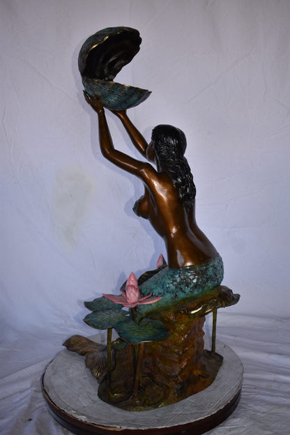 Mermaid Holding A Shell Upright Water Bronze Fountain Art Nude 19"x 26" x 40"H