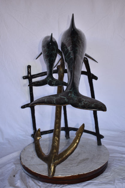 Two Dolphins Swimming Bronze Statue - slight paint damage 46"x 23" x 36"H