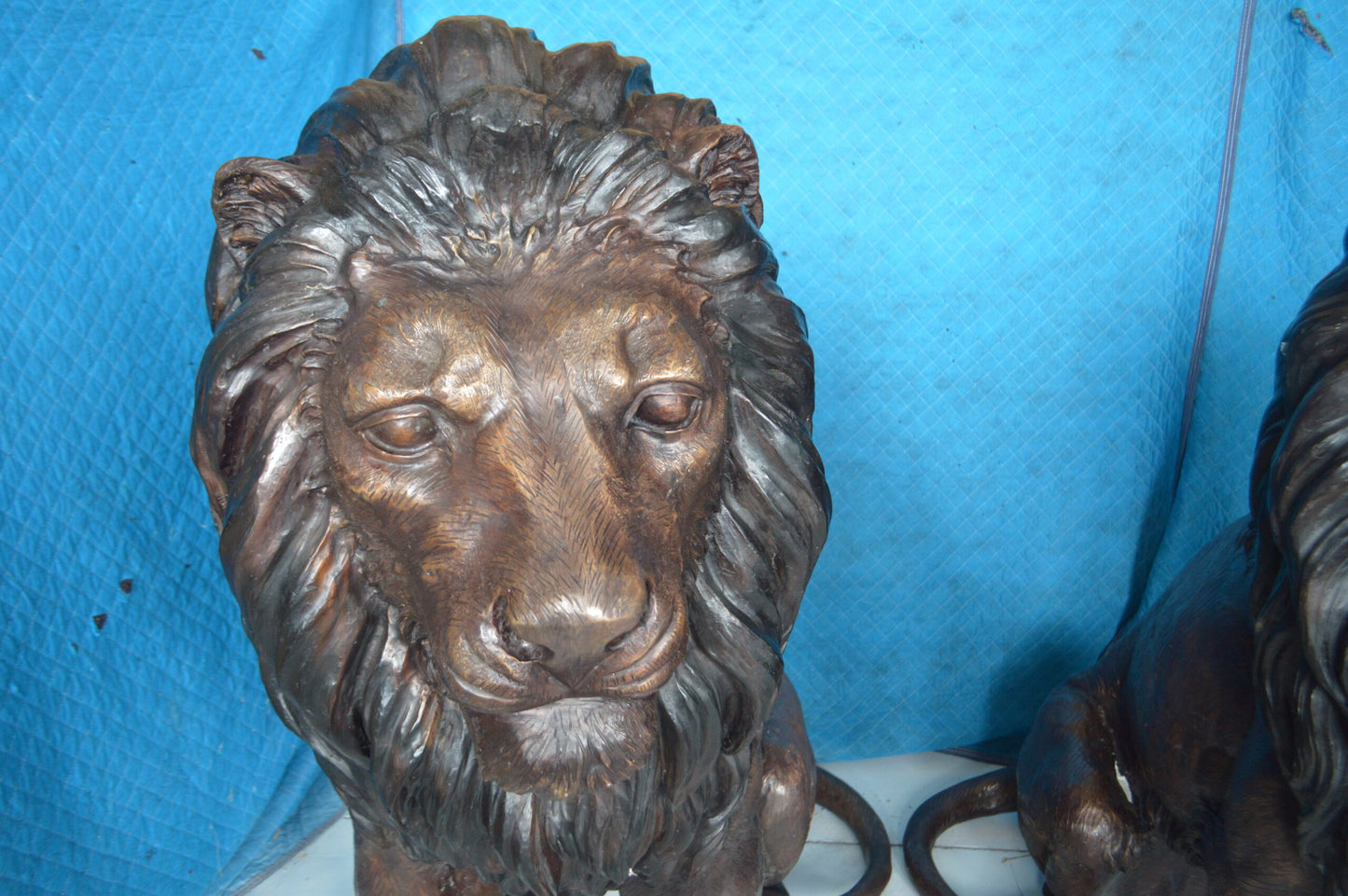 Pair of life size lion bronze statues -  Size: 55"L x 28"W x 60"H.