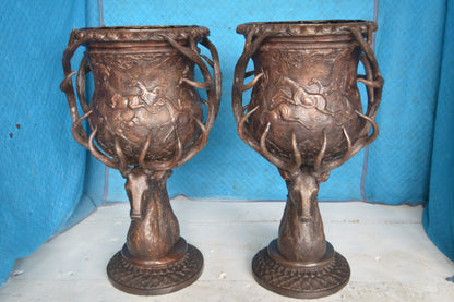 Pair of Deer Head Urn Bronze Statue -  Size: 30"L x 30"W x 48"H.