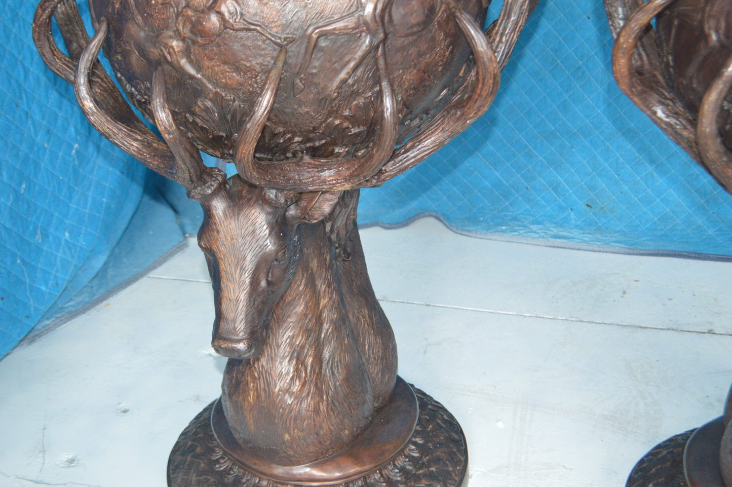 Pair of Deer Head Urn Bronze Statue -  Size: 30"L x 30"W x 48"H.