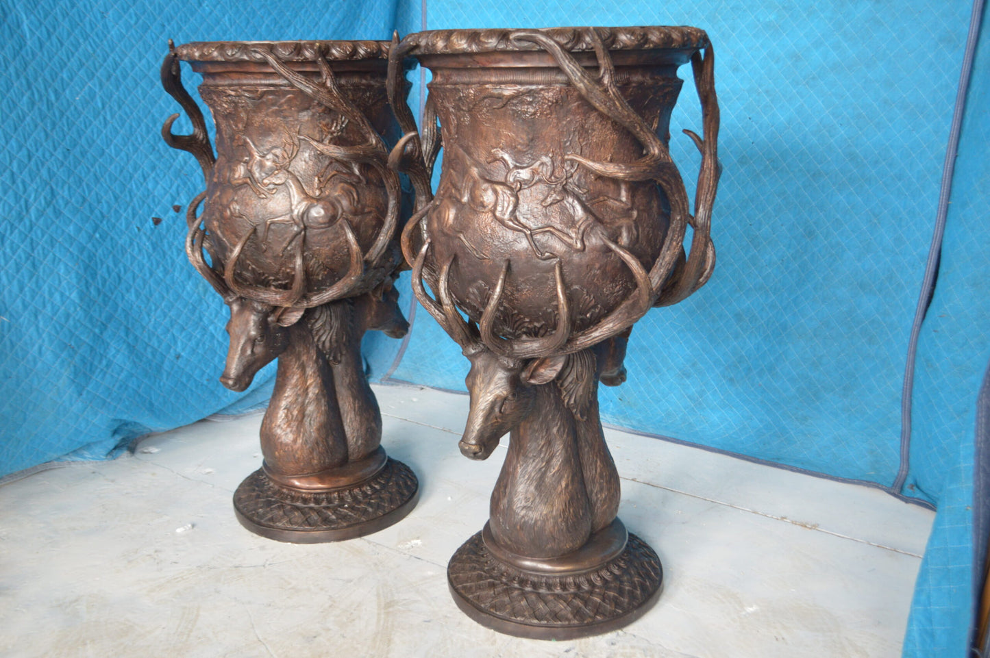 Pair of Deer Head Urn Bronze Statue -  Size: 30"L x 30"W x 48"H.