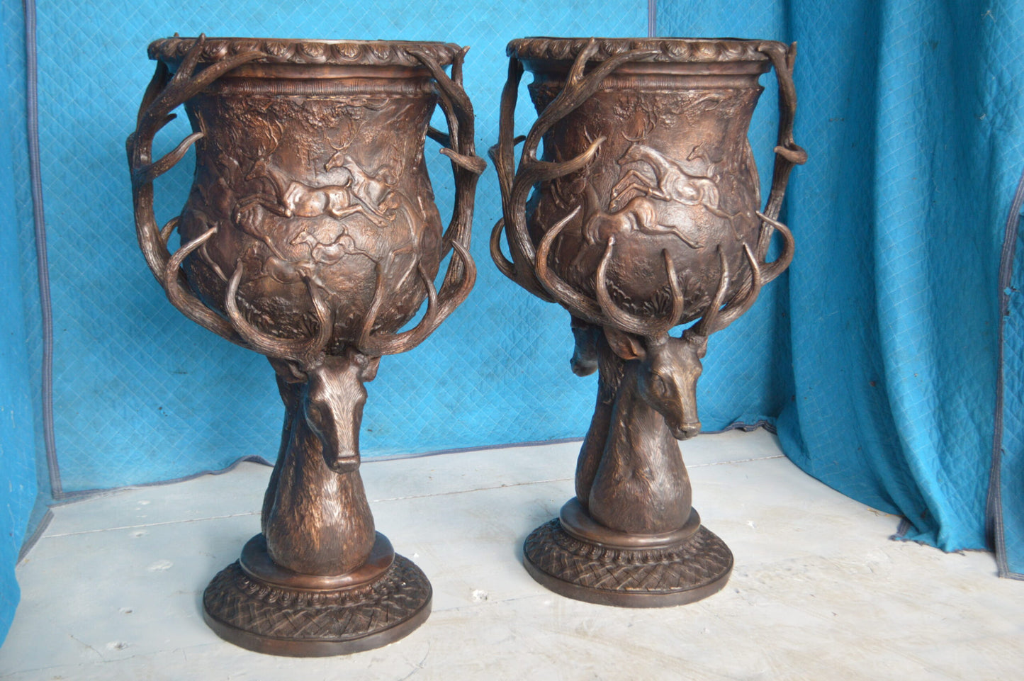 Pair of Deer Head Urn Bronze Statue -  Size: 30"L x 30"W x 48"H.