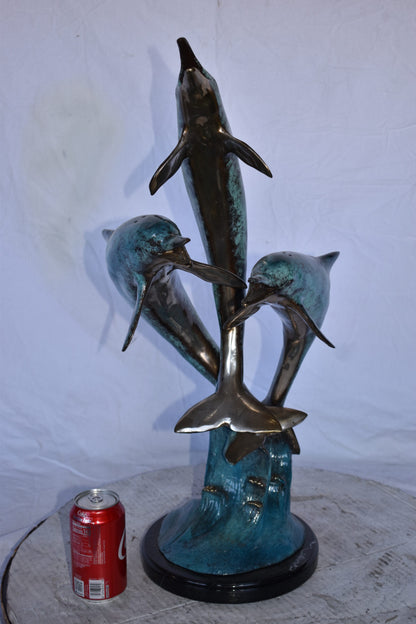 Three Dolphins Jumping of The Ocean Bronze Statue on Marble  12" x 12" x 25"H