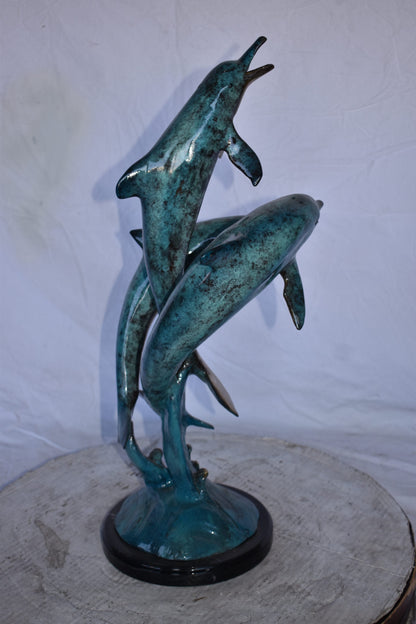 Three Dolphins Jumping of The Ocean Bronze Statue on Marble  12" x 12" x 25"H