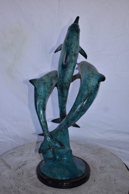 Three Dolphins Jumping of The Ocean Bronze Statue on Marble  12" x 12" x 25"H