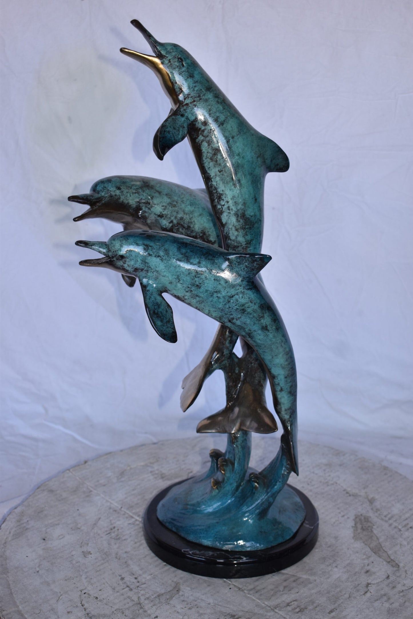 Three Dolphins Jumping of The Ocean Bronze Statue on Marble  12" x 12" x 25"H