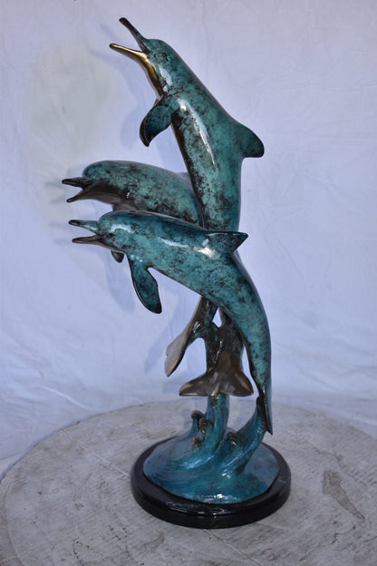 Three Dolphins Jumping of The Ocean Bronze Statue on Marble  12" x 12" x 25"H