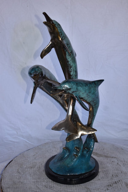 Three Dolphins Jumping of The Ocean Bronze Statue on Marble  12" x 12" x 25"H