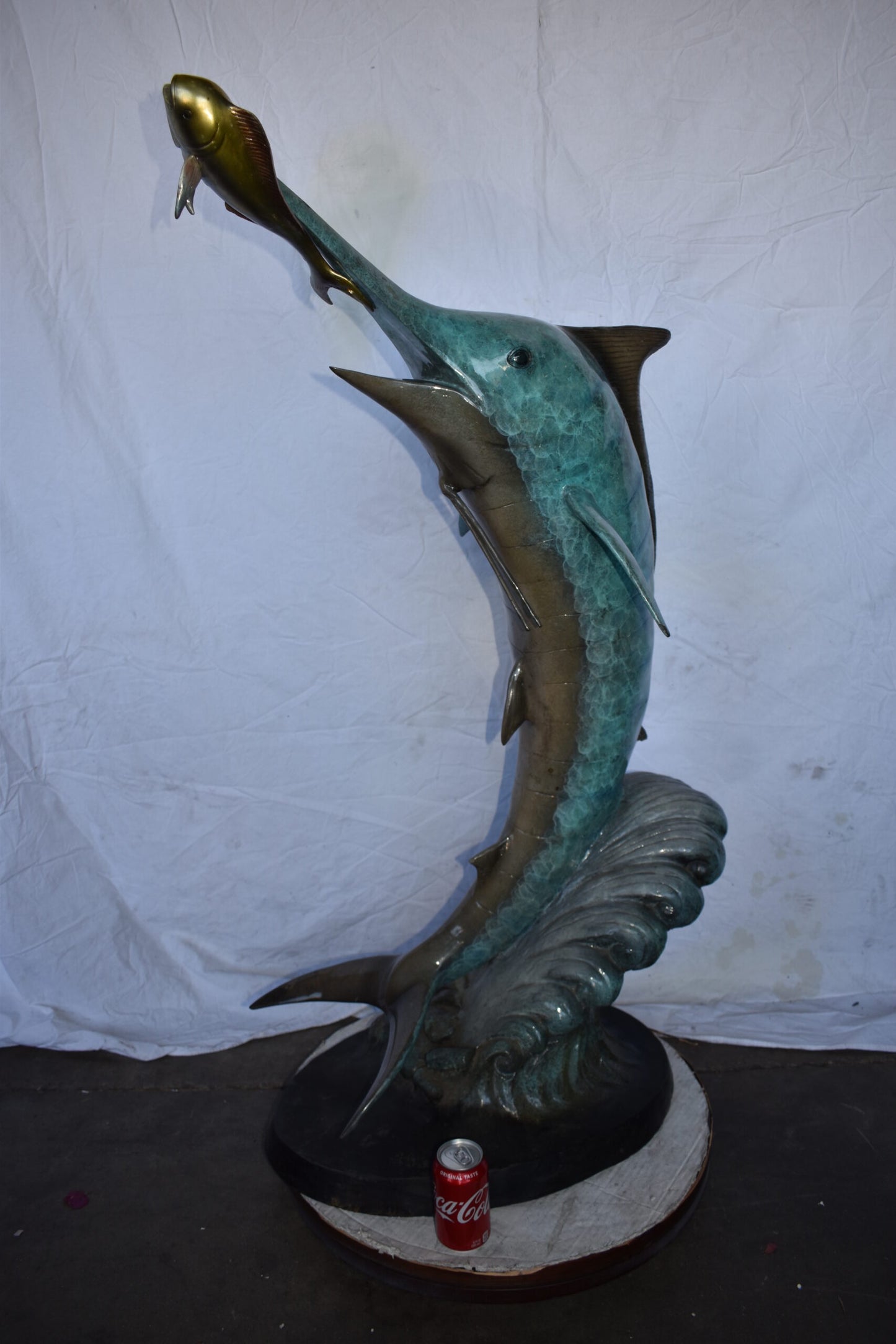 Marlin Fish Catching A Small Fish in Action Bronze Statue Size: 28" x 16" x 50"H