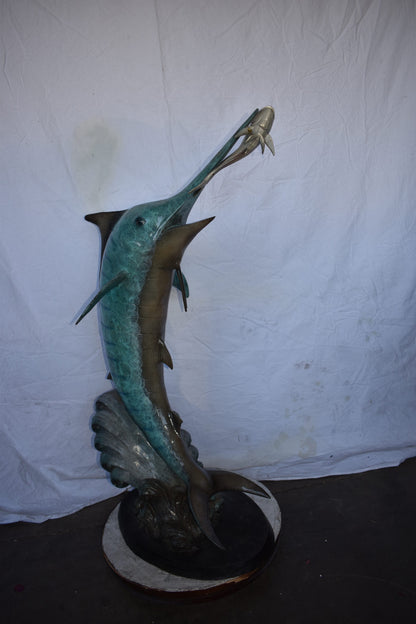 Marlin Fish Catching A Small Fish in Action Bronze Statue Size: 28" x 16" x 50"H