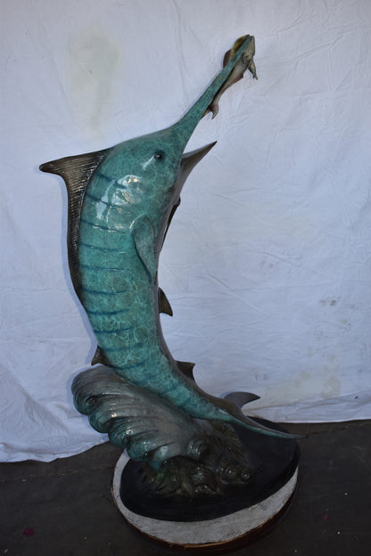 Marlin Fish Catching A Small Fish in Action Bronze Statue Size: 28" x 16" x 50"H
