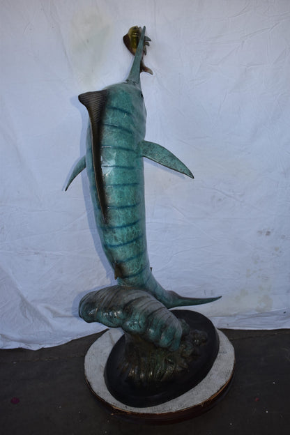 Marlin Fish Catching A Small Fish in Action Bronze Statue Size: 28" x 16" x 50"H