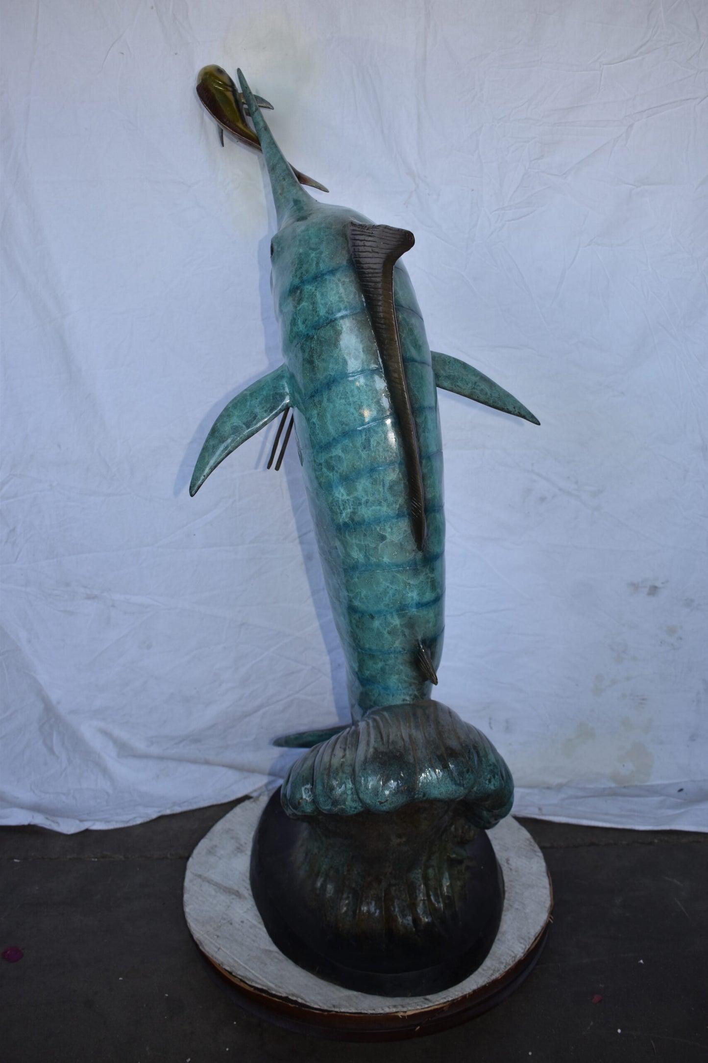 Marlin Fish Catching A Small Fish in Action Bronze Statue Size: 28" x 16" x 50"H