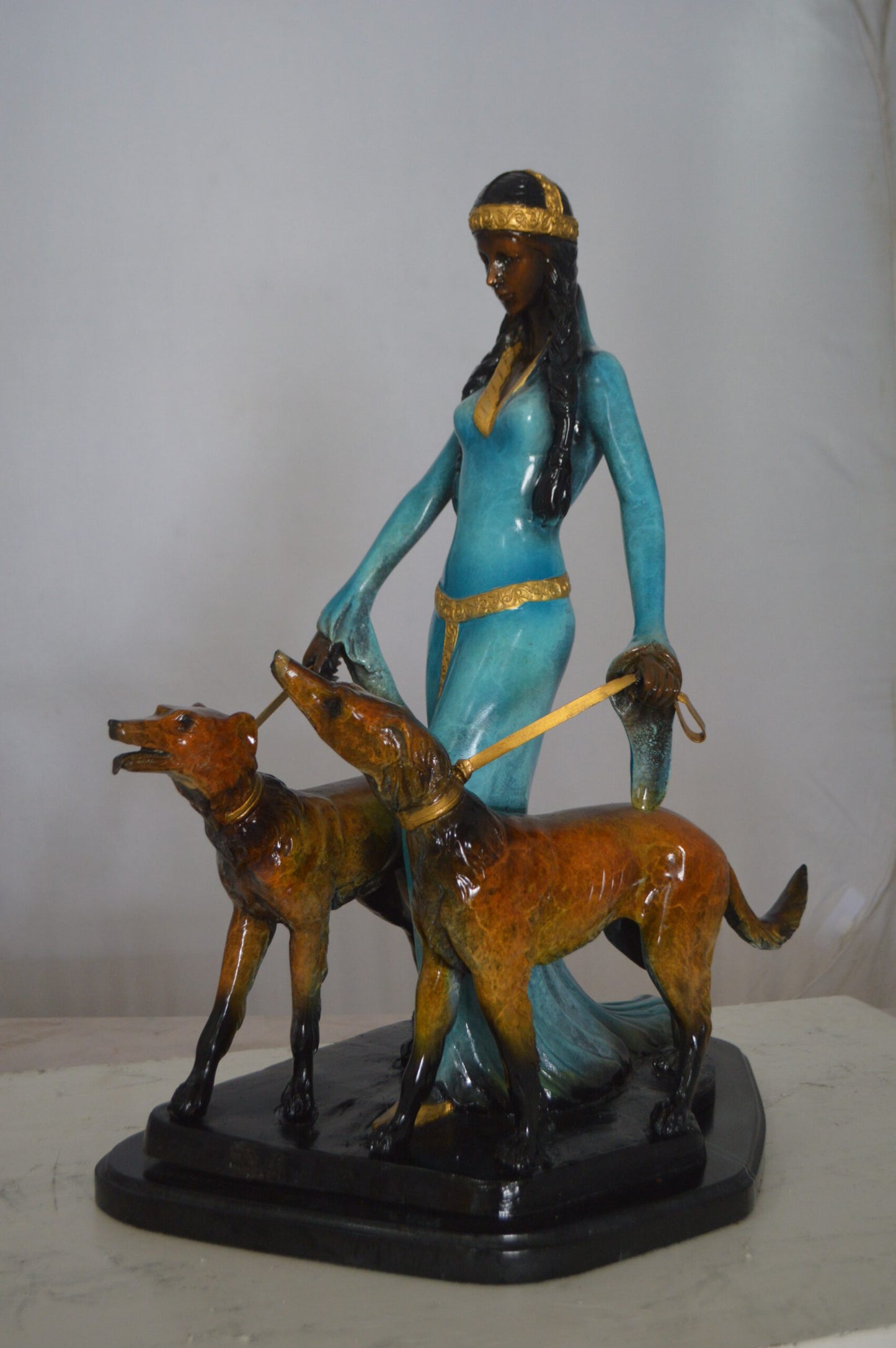Lady with Her Two Dogs Bronze Statue -  Size: 18"L x 12"W x 23"H.