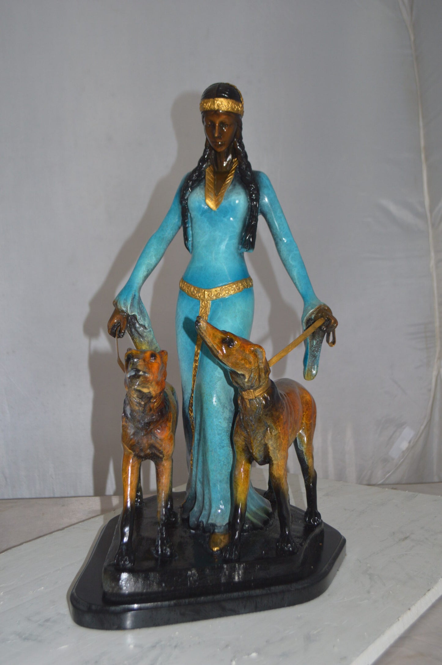 Lady with Her Two Dogs Bronze Statue -  Size: 18"L x 12"W x 23"H.