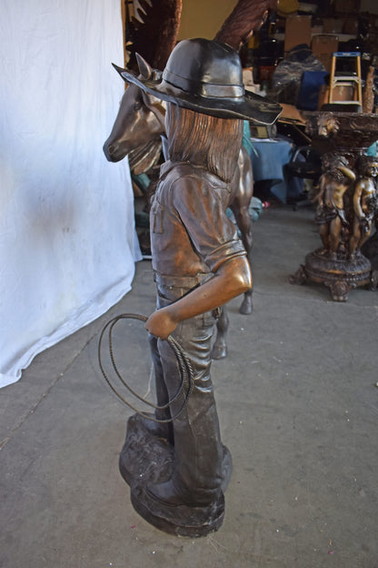 A Young Cowgirl with A Young Horse Bronze Statue Size: 60" x 30" x 44"H