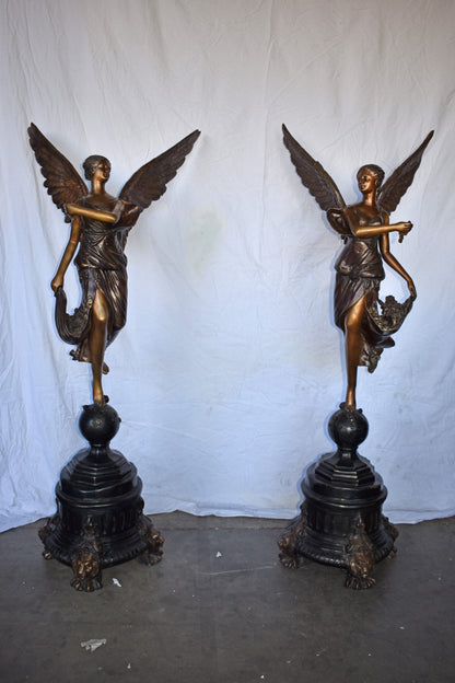 A Pair of Angels of Fortune Bronze Statues  Size: 27" x 27" x 69"H