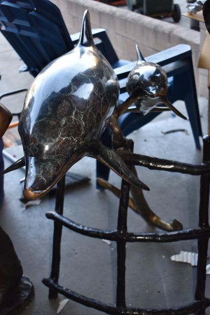 Two Dolphins Swimming Bronze Statue - slight paint damage 46"x 23" x 36"H