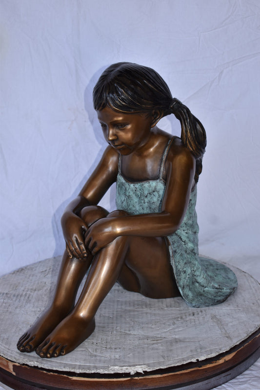 Girl Sitting on The Ground Enjoying the Sun Bronze Statues  22" x 15" x 19"H
