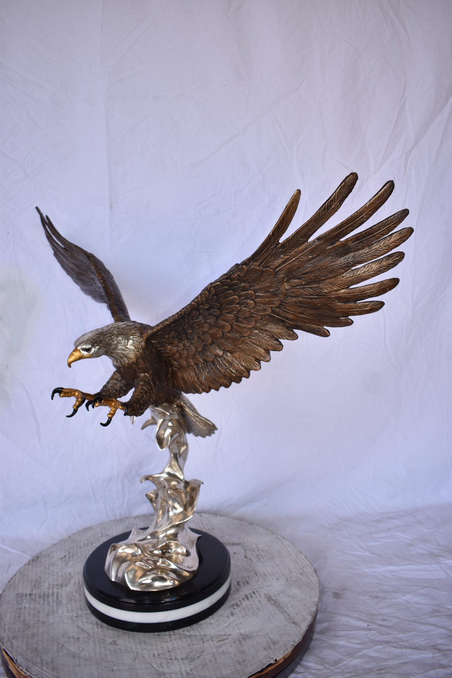 Eagle Coming to Landing Mounted on Marble Bronze Statue Size: 32" x 13" x 30"H