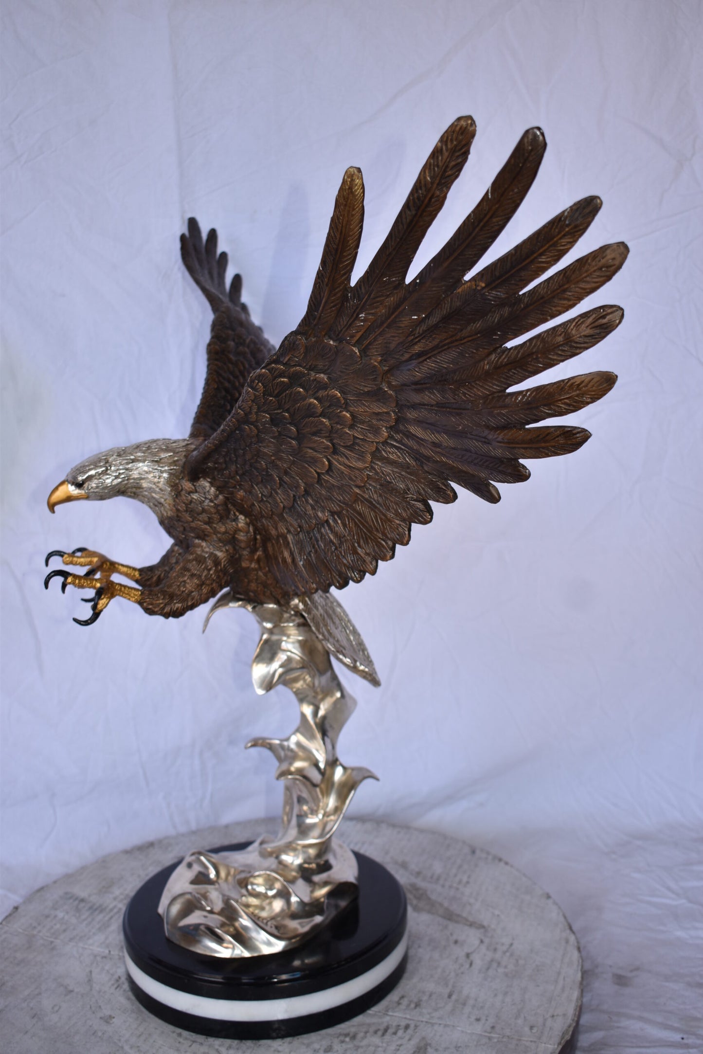 Eagle Coming to Landing Mounted on Marble Bronze Statue Size: 32" x 13" x 30"H