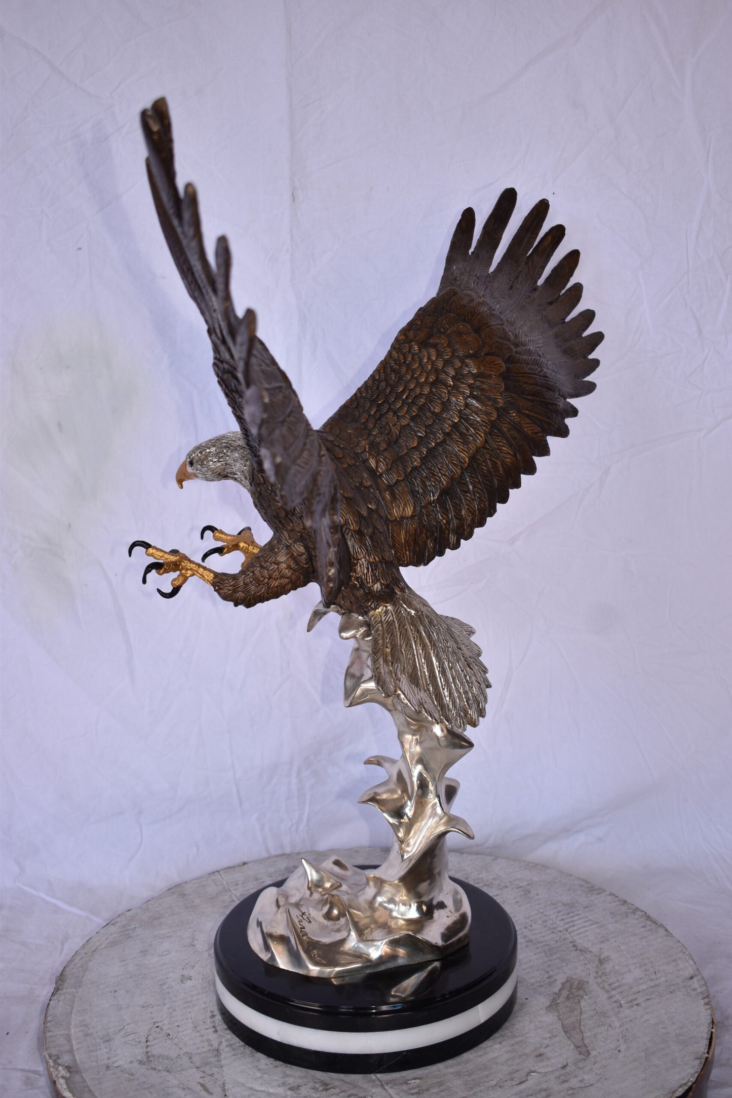 Eagle Coming to Landing Mounted on Marble Bronze Statue Size: 32" x 13" x 30"H