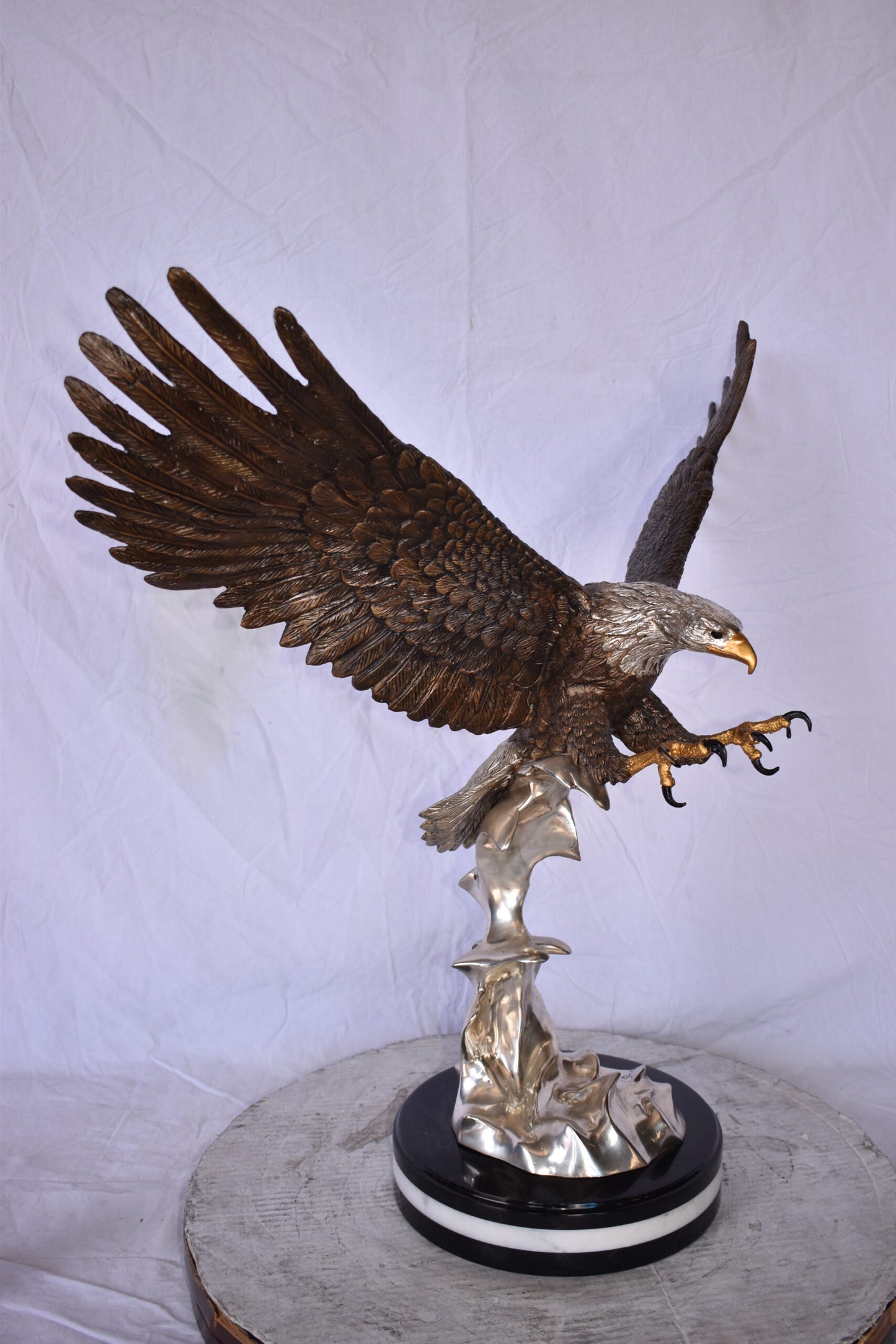 Eagle Coming to Landing Mounted on Marble Bronze Statue Size: 32" x 13" x 30"H