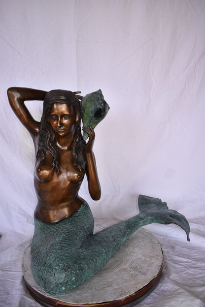 Mermaid Sitting Holding A Shell Bronze Fountain Art Nude 28" x 25" x 28"H