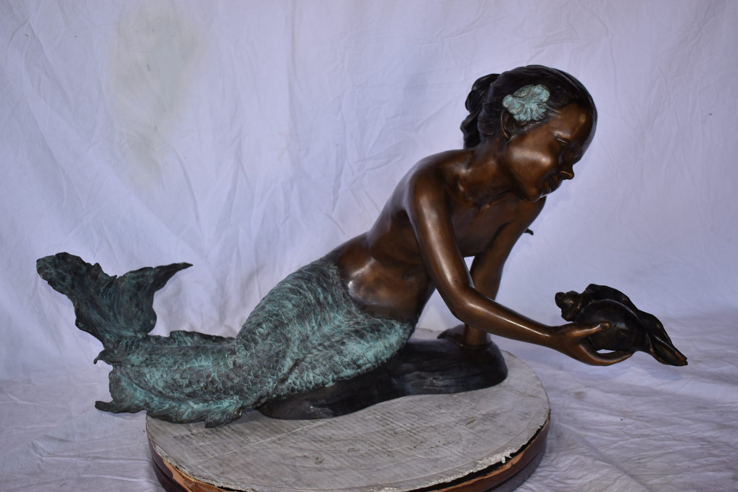 A Little Mermaid Holding A Shell Bronze Fountain Art Nude: 15" x 37" x 20"H