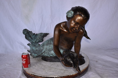 A Little Mermaid Holding A Shell Bronze Fountain Art Nude: 15" x 37" x 20"H