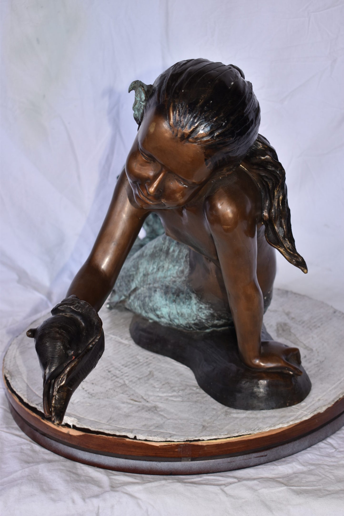 A Little Mermaid Holding A Shell Bronze Fountain Art Nude: 15" x 37" x 20"H