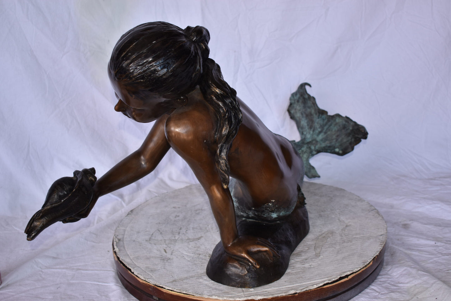 A Little Mermaid Holding A Shell Bronze Fountain Art Nude: 15" x 37" x 20"H
