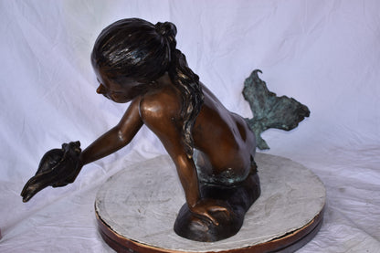 A Little Mermaid Holding A Shell Bronze Fountain Art Nude: 15" x 37" x 20"H