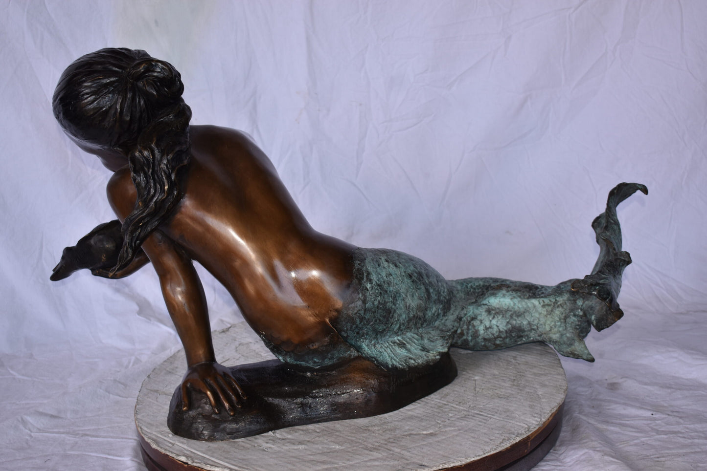 A Little Mermaid Holding A Shell Bronze Fountain Art Nude: 15" x 37" x 20"H