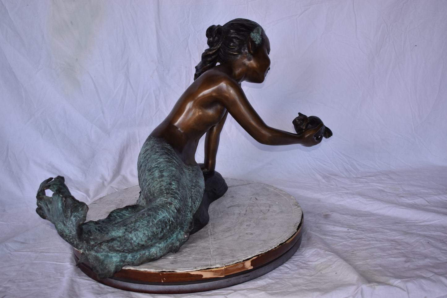 A Little Mermaid Holding A Shell Bronze Fountain Art Nude: 15" x 37" x 20"H
