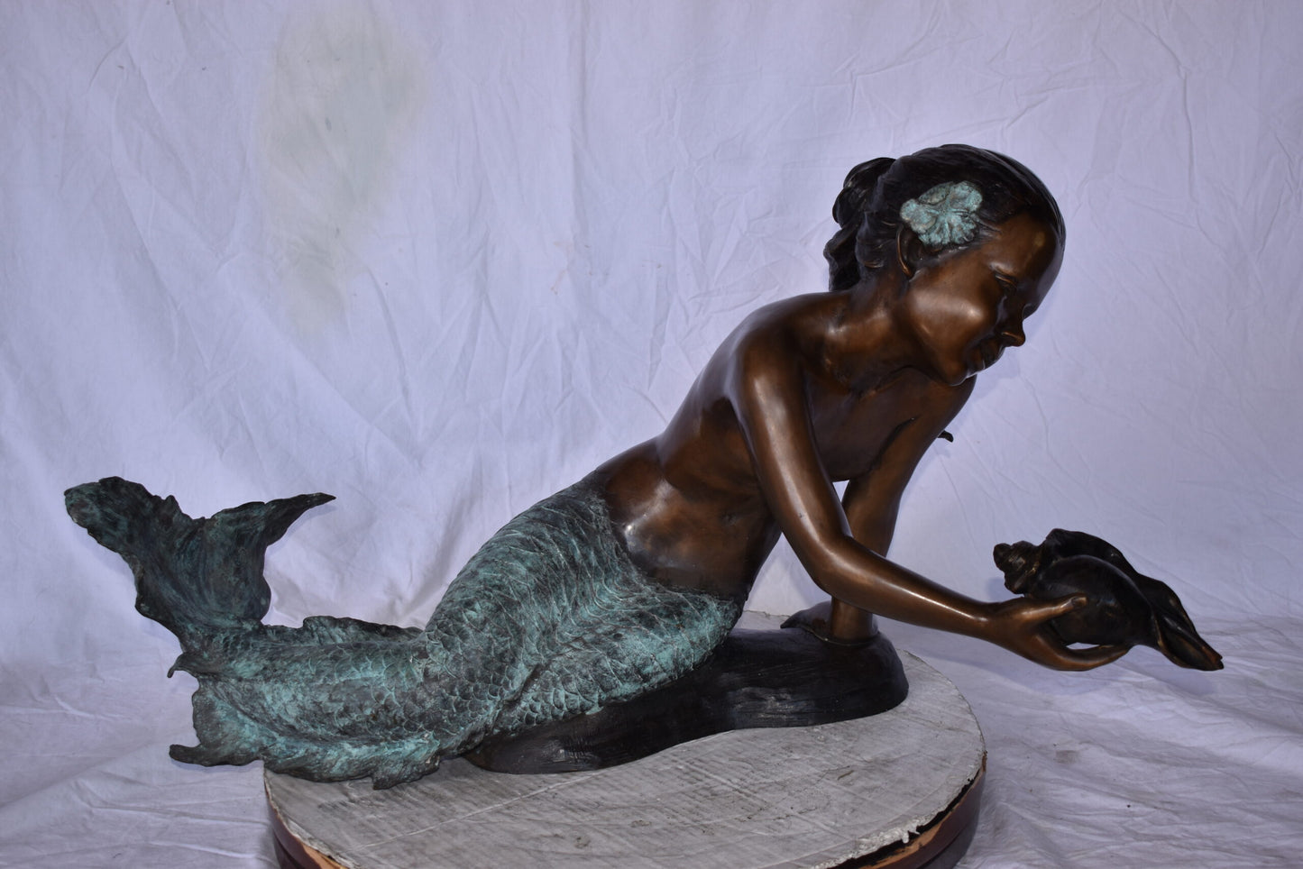 A Little Mermaid Holding A Shell Bronze Fountain Art Nude: 15" x 37" x 20"H