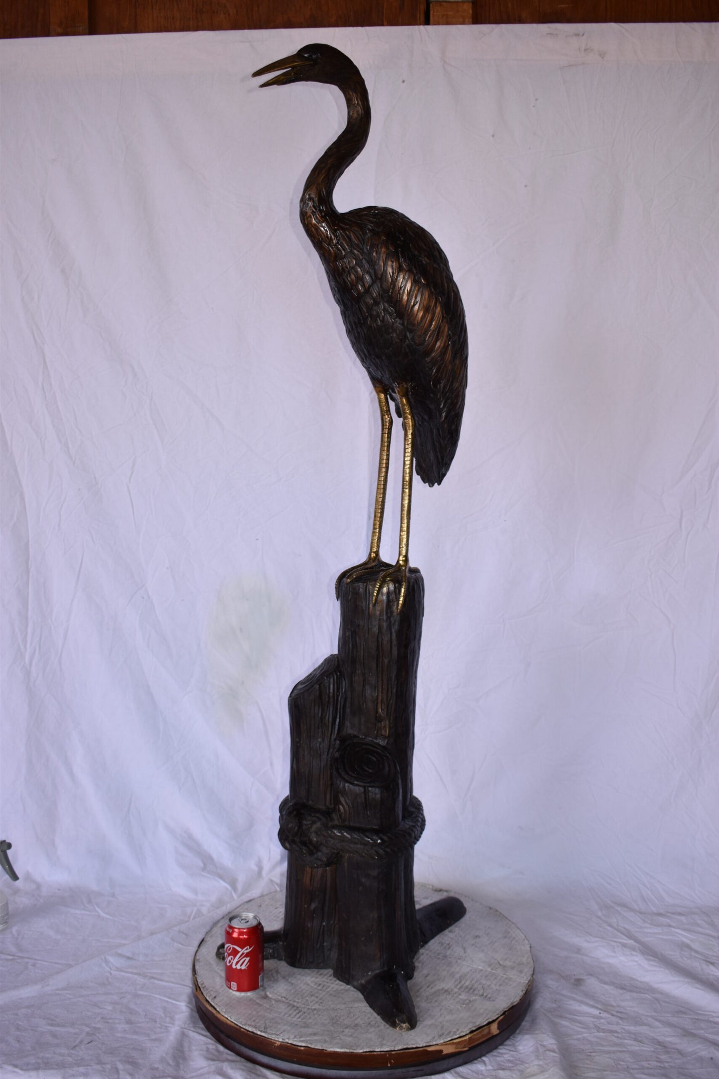 Crane Looking Out Standing on A Tree Stump Bronze Statue Size: 19" x 17" x 62"H