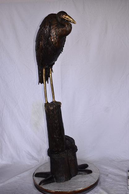 Crane Head Down Standing on A Tree Stump Bronze Statue Size: 23" x 16" x 55"H