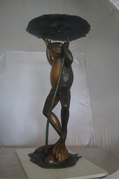 Frog with Umbrella Fountain Bronze Statue -  Size: 22"L x 22"W x 43"H.