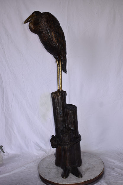 Crane Head Down Standing on A Tree Stump Bronze Statue Size: 23" x 16" x 55"H
