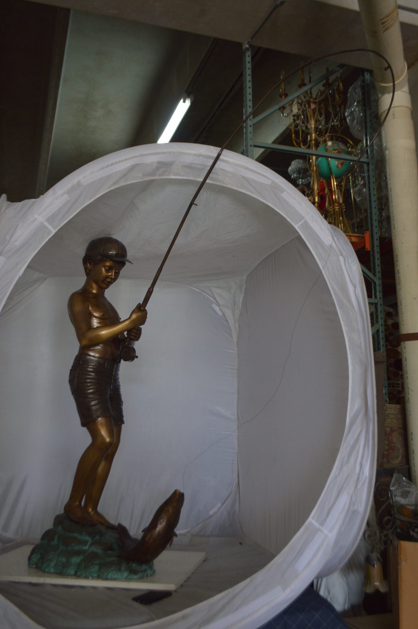 Standing Boy Fishing Fountain Bronze Statue -  Size: 58"L x 25"W x 72"H.
