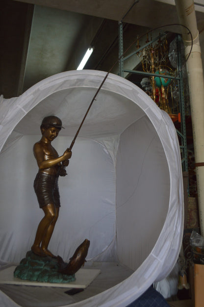Standing Boy Fishing Fountain Bronze Statue -  Size: 58"L x 25"W x 72"H.