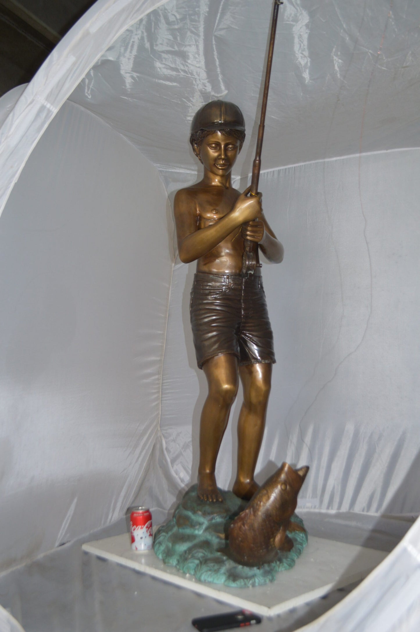 Standing Boy Fishing Fountain Bronze Statue -  Size: 58"L x 25"W x 72"H.