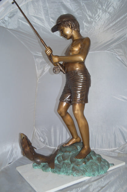 Standing Boy Fishing Fountain Bronze Statue -  Size: 58"L x 25"W x 72"H.