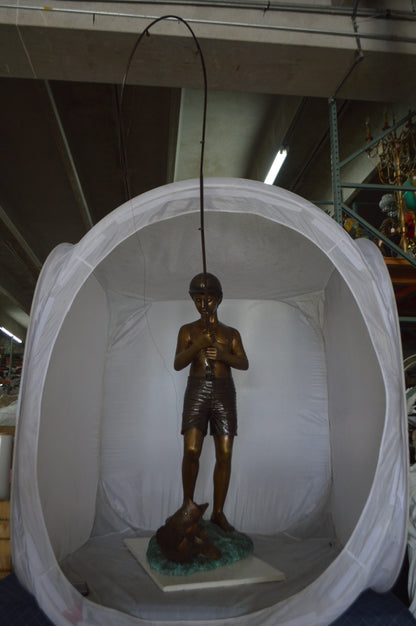 Standing Boy Fishing Fountain Bronze Statue -  Size: 58"L x 25"W x 72"H.